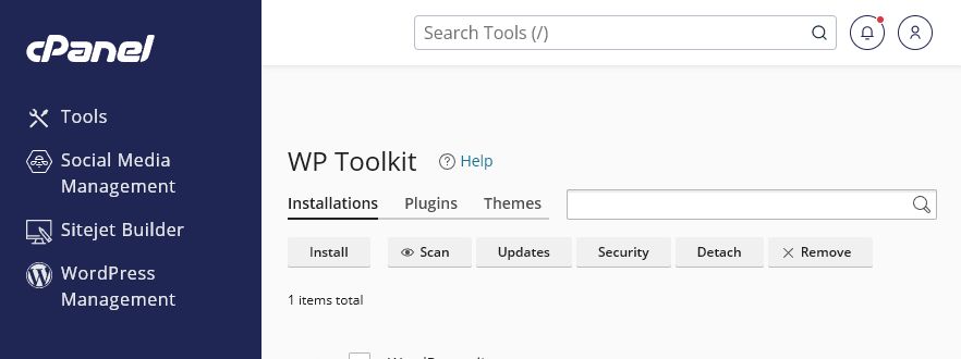 cPanel WP Toolkit met installaties, plugins, thema's, updates en beveiliging