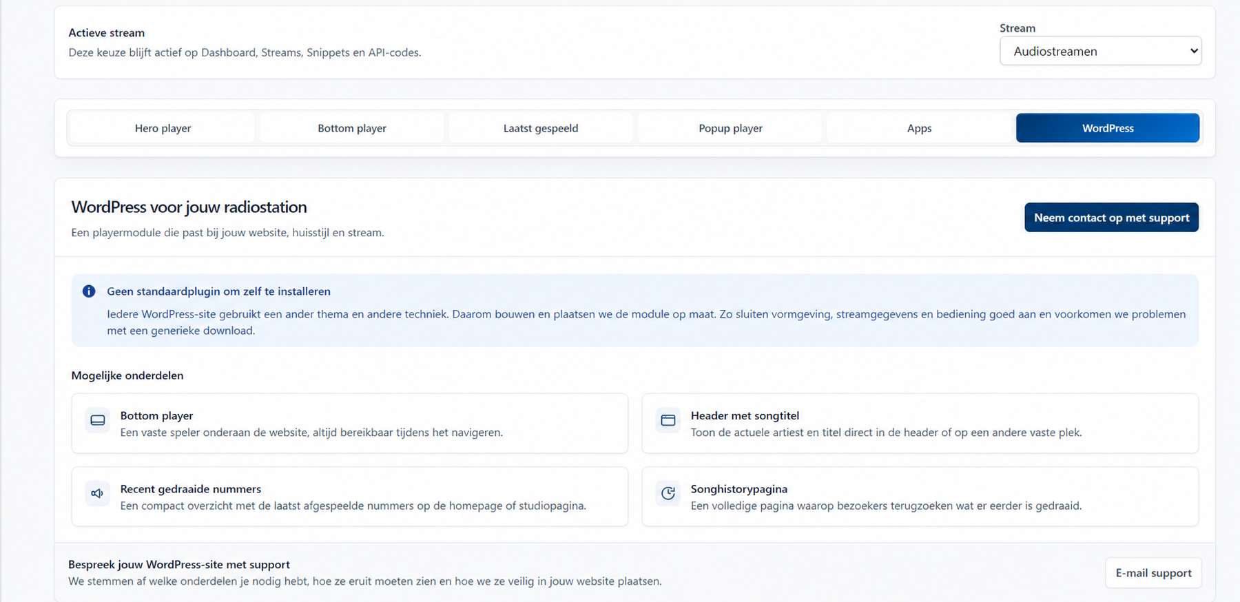 WordPress-mogelijkheden voor player, songtitel en recent gespeelde nummers