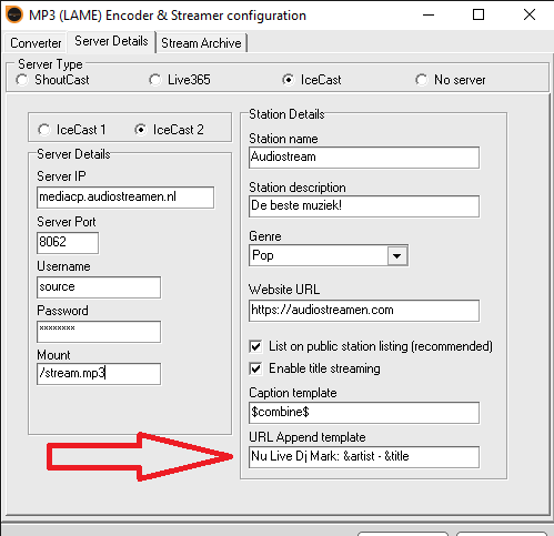 Voorbeeld: metadata instellen in SAM Broadcaster
